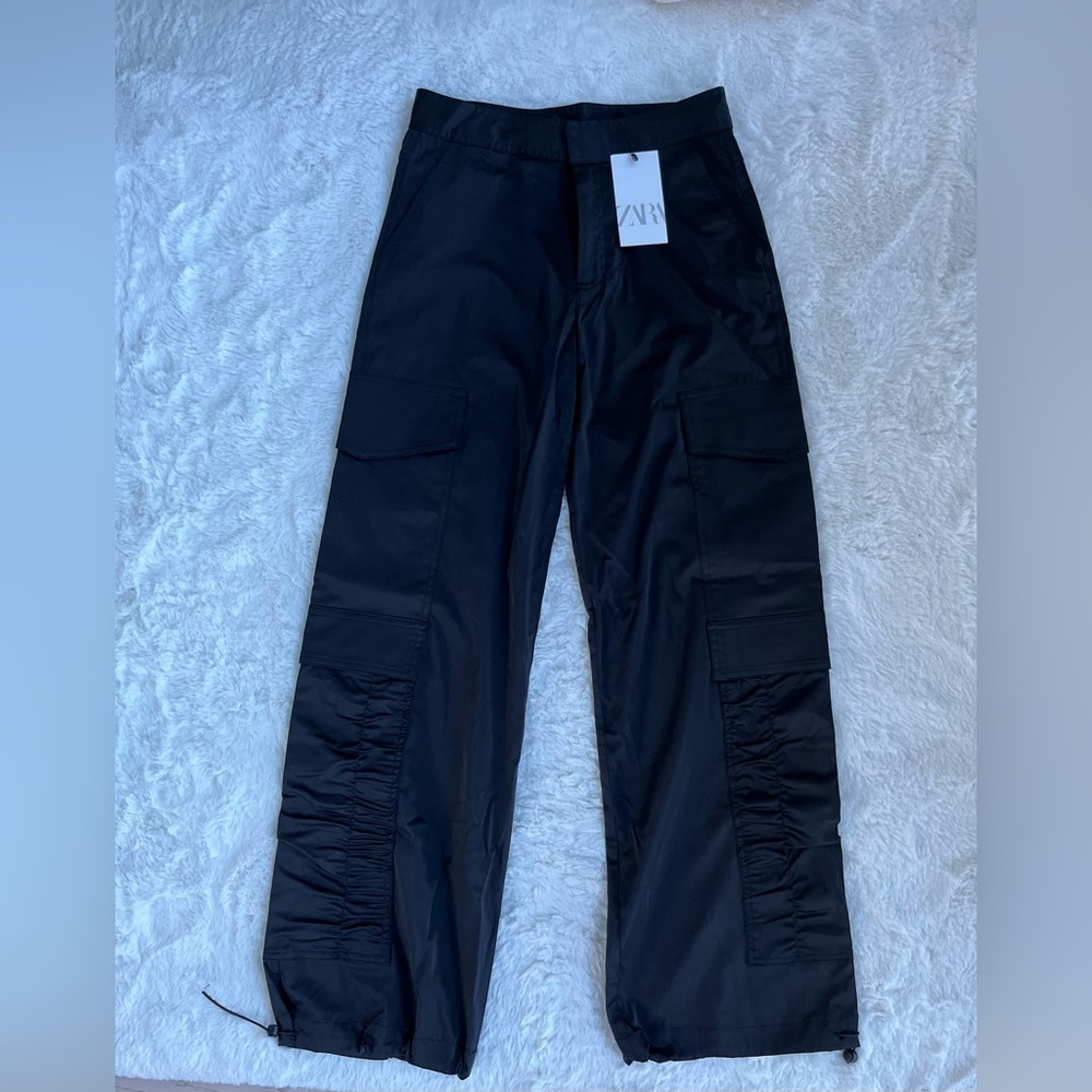ZARA NWT Black Cargo Ruched Dress Pants